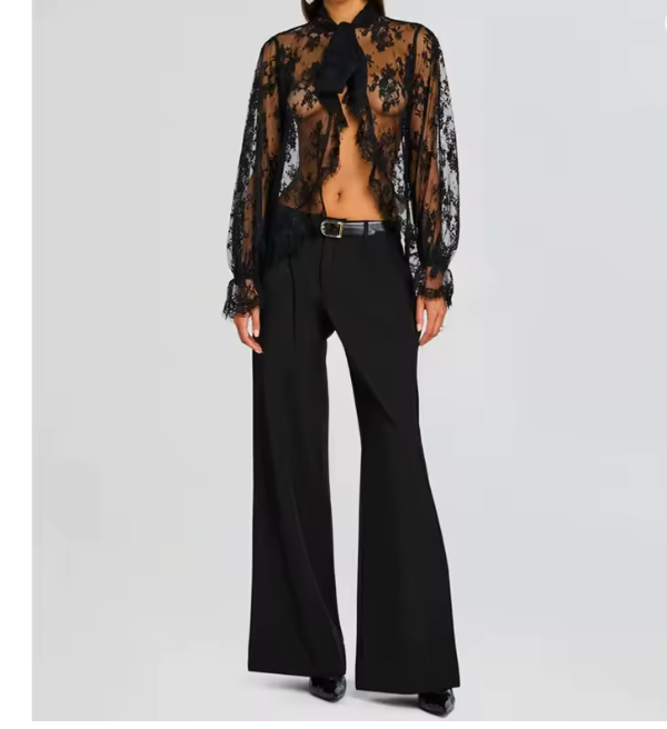 BLACK LACE TIE BOW SHEER BLOUSE