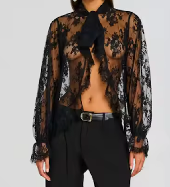 BLACK LACE TIE BOW SHEER BLOUSE