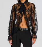 BLACK LACE TIE BOW SHEER BLOUSE