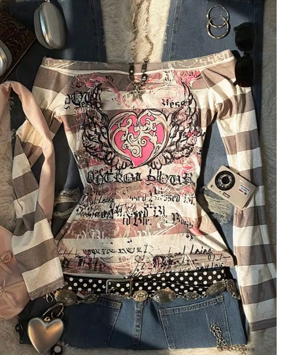 Y2K STRIPE WINGED HEART OFF THE SHOULDER TOP (COLOR OPTIONS)