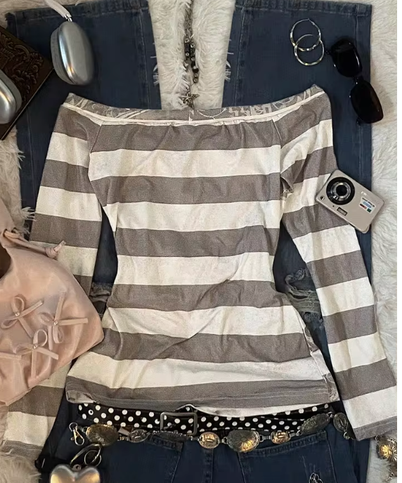 Y2K STRIPE WINGED HEART OFF THE SHOULDER TOP (COLOR OPTIONS)