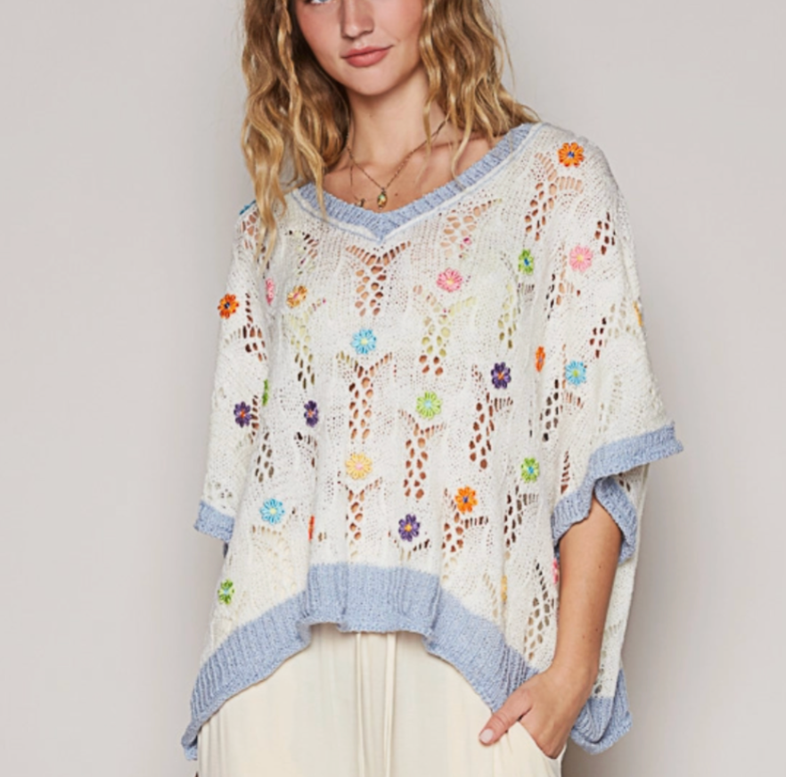 GORGEOUS Flower Power Robin Egg Blue Spring Sweater by POL