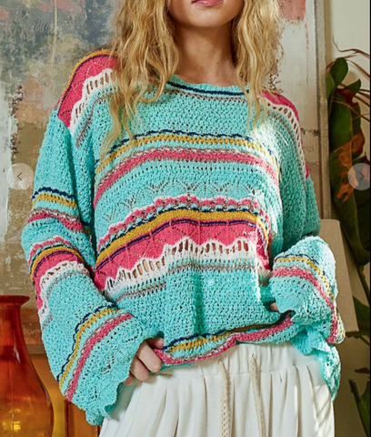 AQUA MULTI STRIPE CROCHET SWEATER By Pol