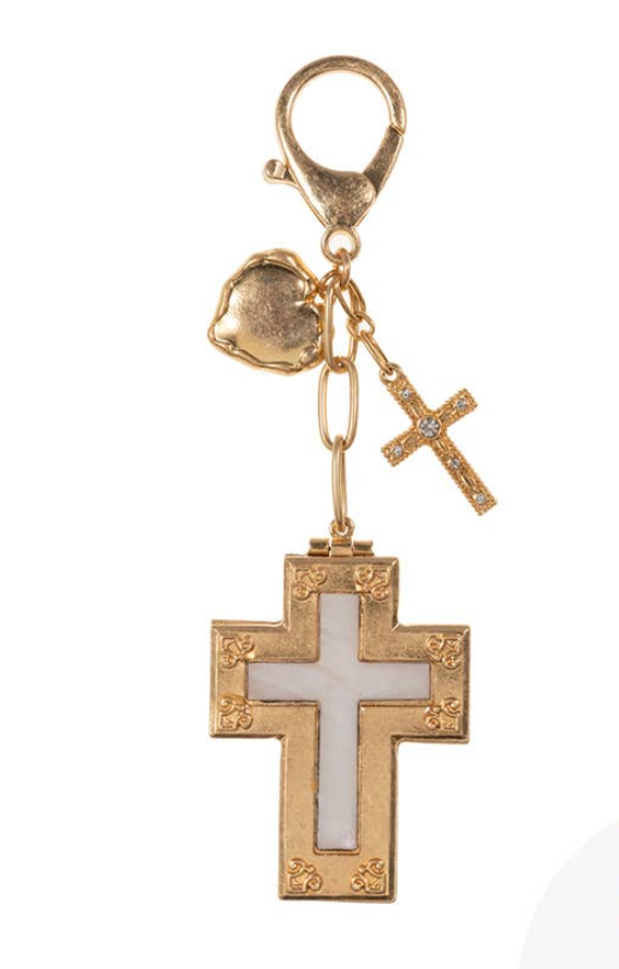Religious  Cross Engraved Heart Purse Charm Keychain