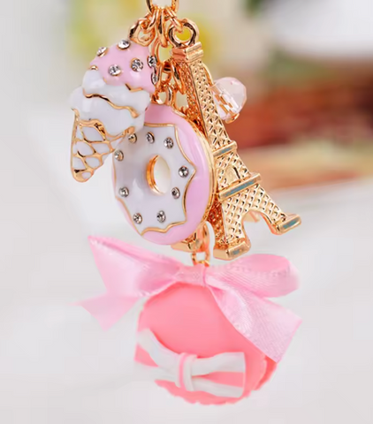 Paris  Eiffel Tower Macaroon, Donut,  Ice Cream Cone Purse Charm Key Chain (Color Options)