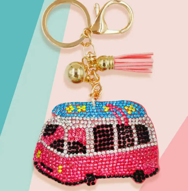 Retro CRYSTAL  Bling Volkswagon Bus Purse Charm Key Chain