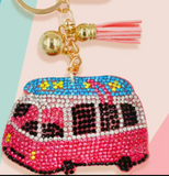 Retro CRYSTAL  Bling Volkswagon Bus Purse Charm Key Chain