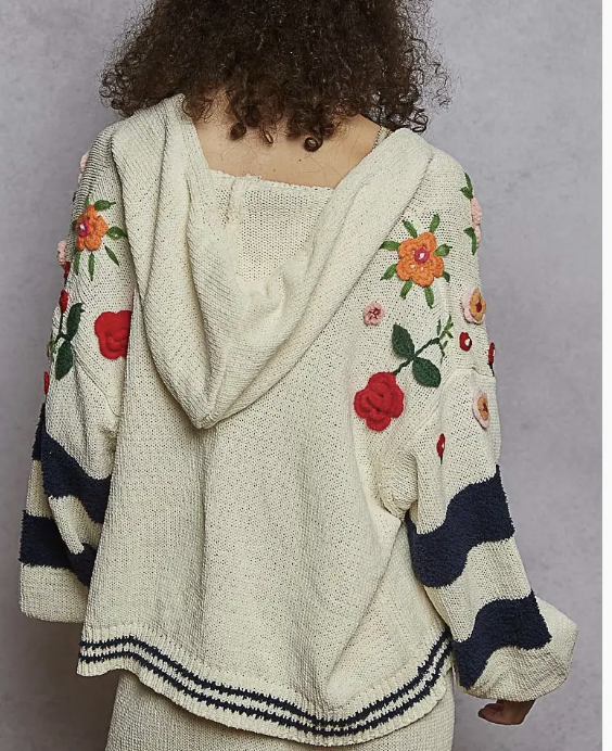 Striped Pattern 3D Embroidered Hoodie Zip-Up Knit Sweater by POL