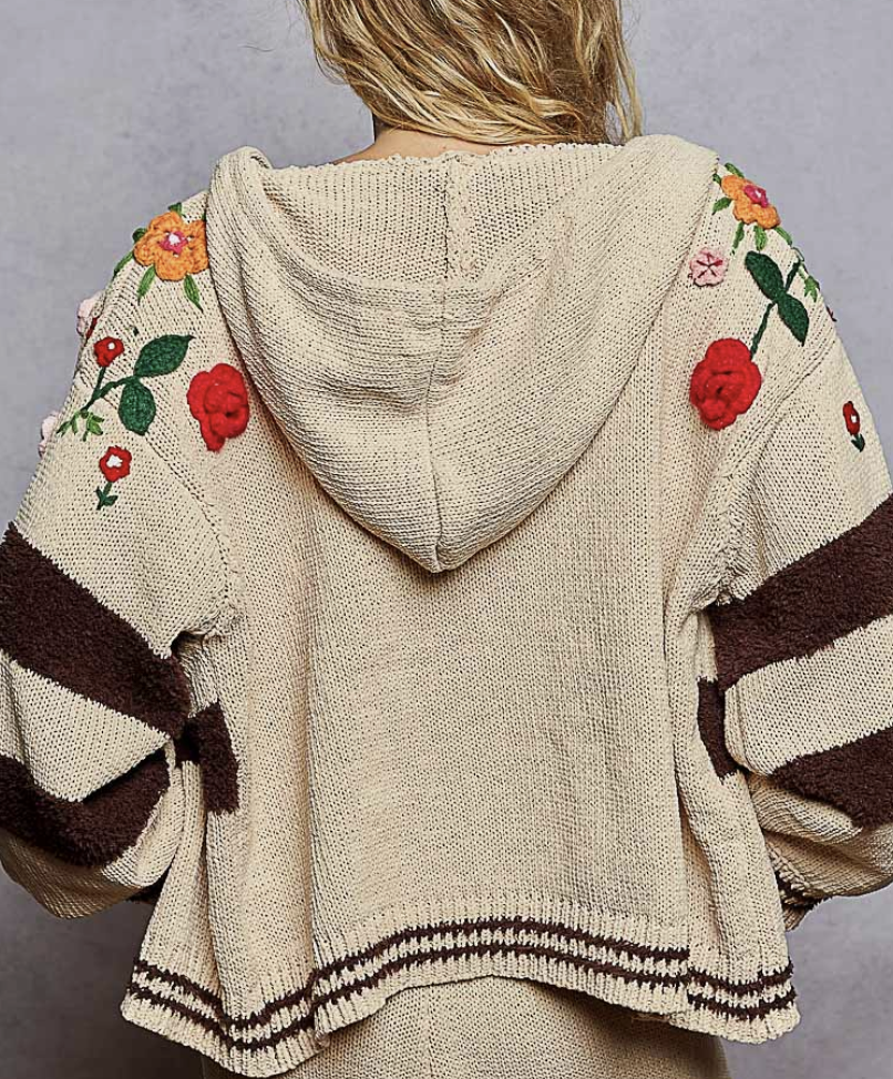 Striped Pattern 3D Embroidered Hoodie Zip-Up Knit Sweater by POL