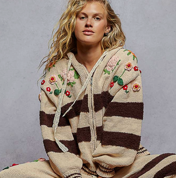 Striped Pattern 3D Embroidered Hoodie Zip-Up Knit Sweater by POL