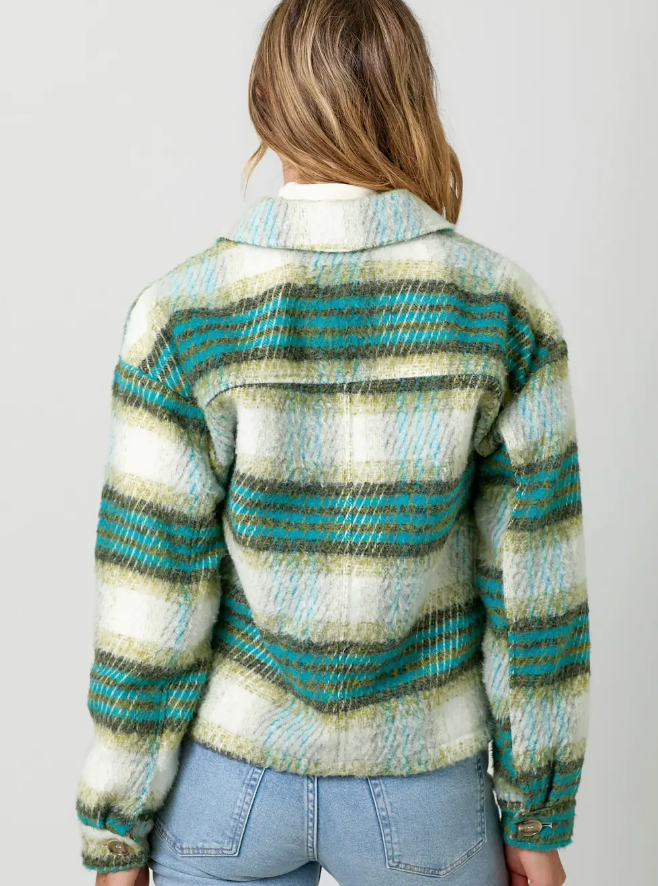 Dark Turquoise Green Tea Plaid Cropped Shacket DROPS Sept 28th