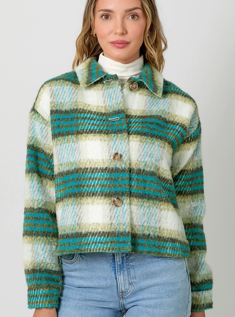 Dark Turquoise Green Tea Plaid Cropped Shacket DROPS Sept 28th