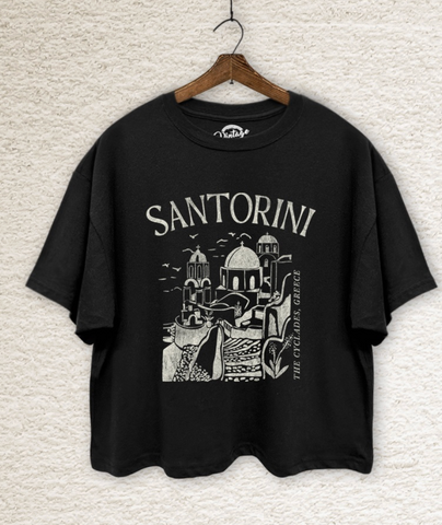 SANTORINI GREECE BLACK WAIST CROP BOX TEE