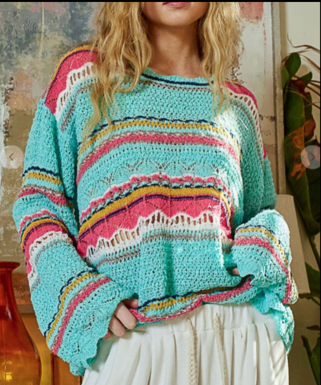 AQUA MULTI STRIPE CROCHET SWEATER By Pol