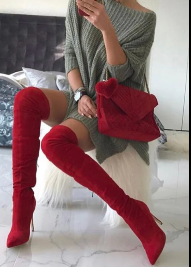 Red Faux Suede Thigh High Heeled Boots (90s) Shoedazzle