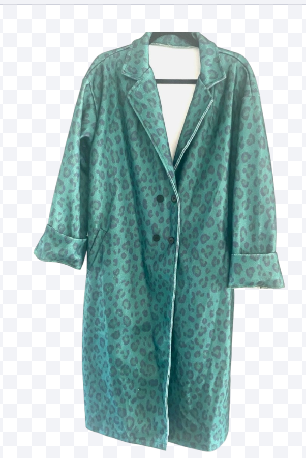 RETRO VINTAGE EMERALD GREEN LEOPARD TRENCH COAT