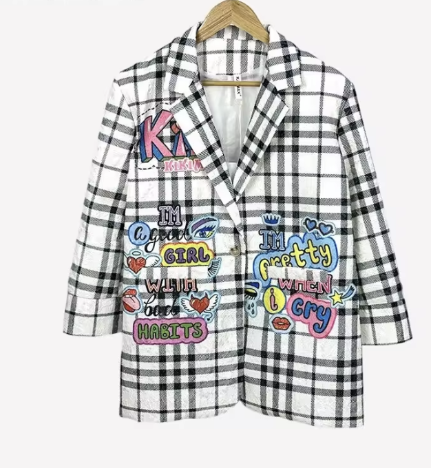 WHITE PLAID GRAPHIC BLAZER