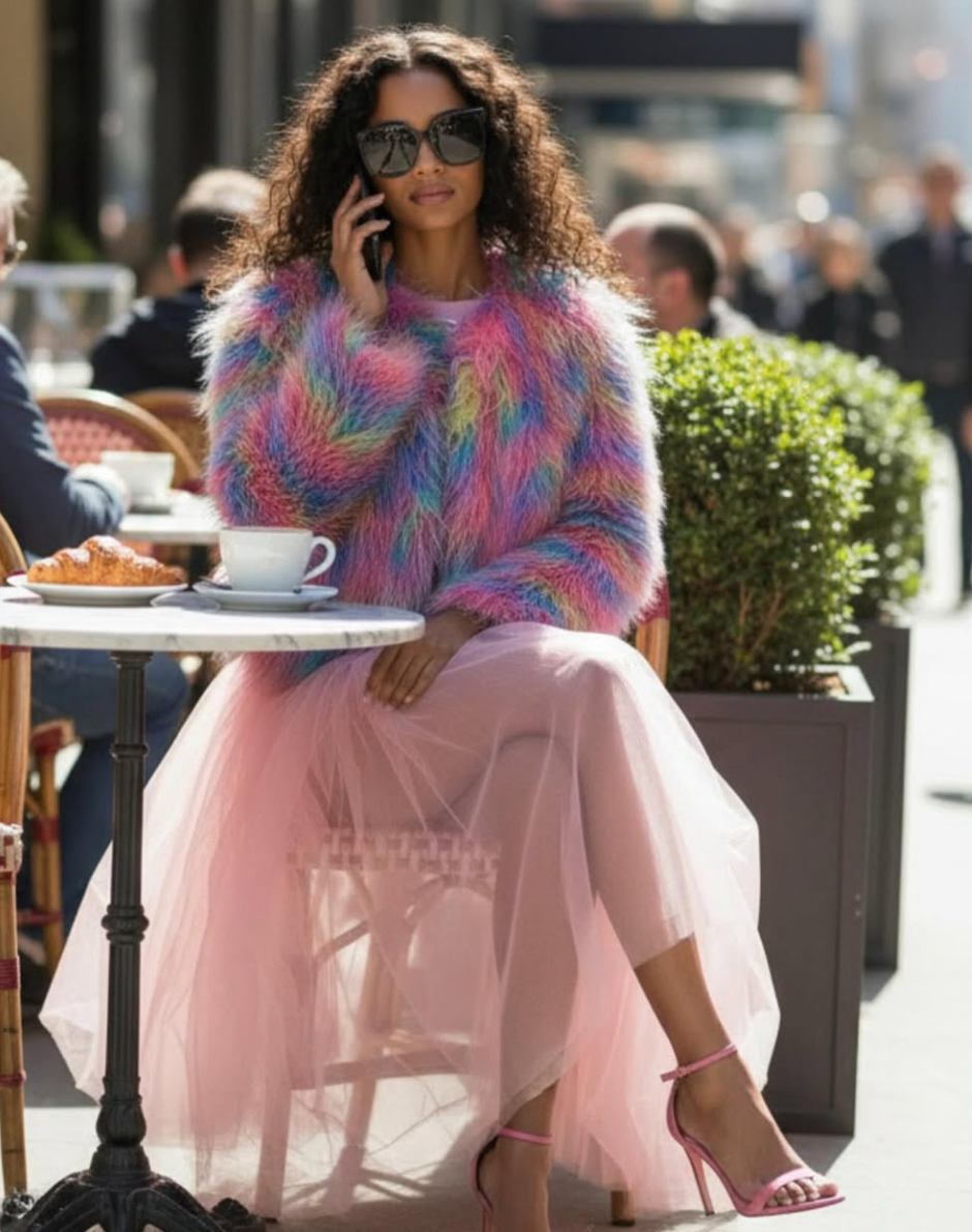 RAINBOW LONG FAUX FUR CROP JACKET