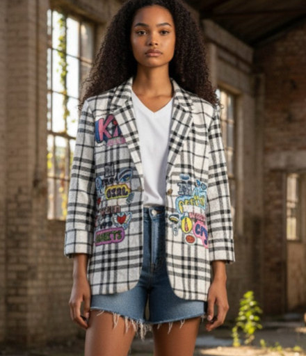 WHITE PLAID GRAPHIC BLAZER