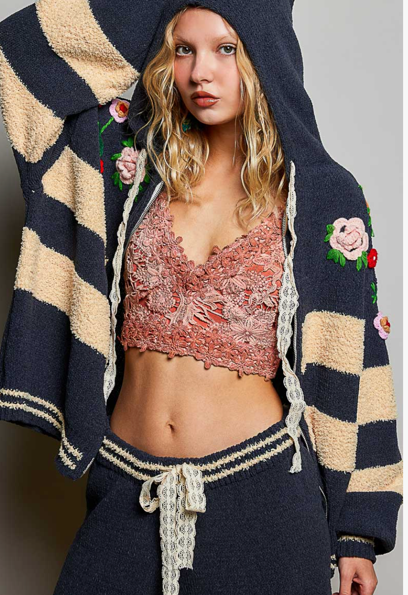 Striped Pattern 3D Embroidered Hoodie Zip Up Cardigan by POL