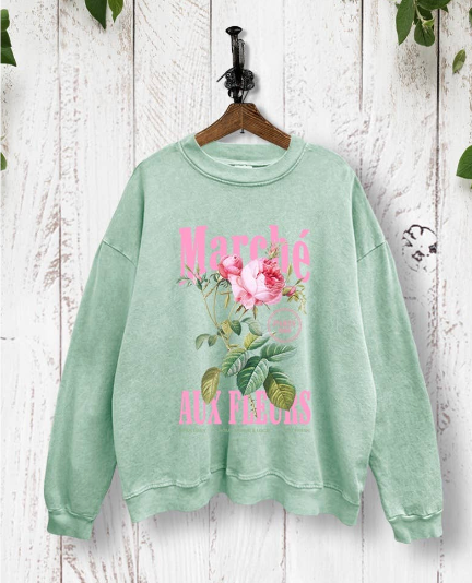 "FLOWER MARKET" MINT FRENCH GRAPHIC MINERAL WASH SWEATSHIRT