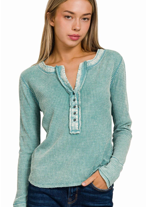 Moss Green DIstressed Thermal Waffle Henley