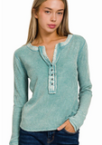 Moss Green DIstressed Thermal Waffle Henley