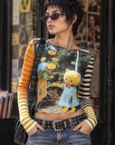 Y2K Whimsical Cat Graphic Mesh Long Sleeve Top