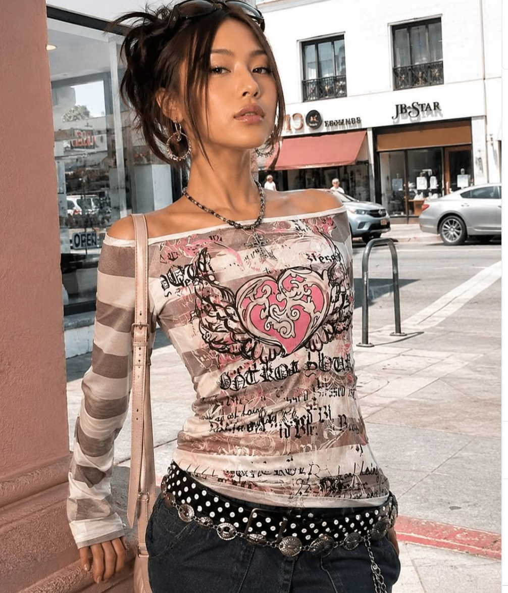 Y2K STRIPE WINGED HEART OFF THE SHOULDER TOP (COLOR OPTIONS)