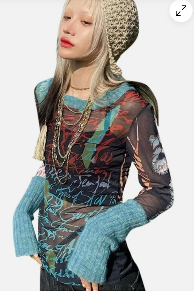 Long Sleeve Semi Sheer Graphic Top