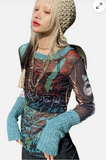 Long Sleeve Semi Sheer Graphic Top