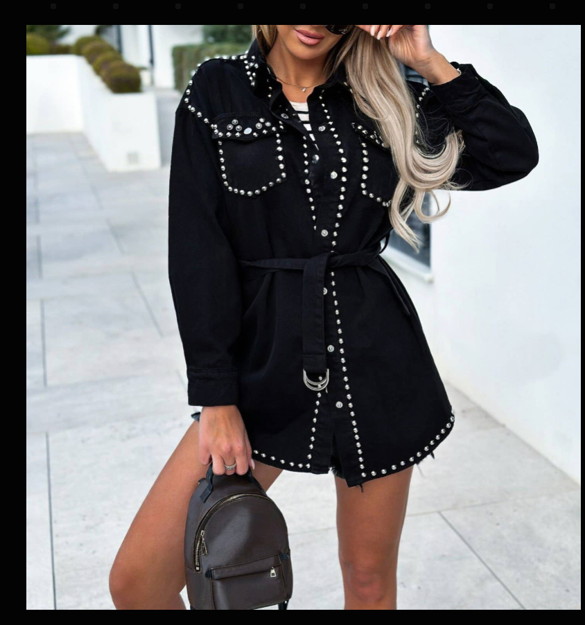 Black Studded Oversized Denim Jacket