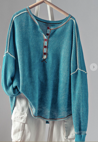 Turquoise Waffle Thermal Drop Shoulder Long Sleeve
