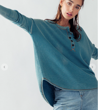 Turquoise Waffle Thermal Drop Shoulder Long Sleeve