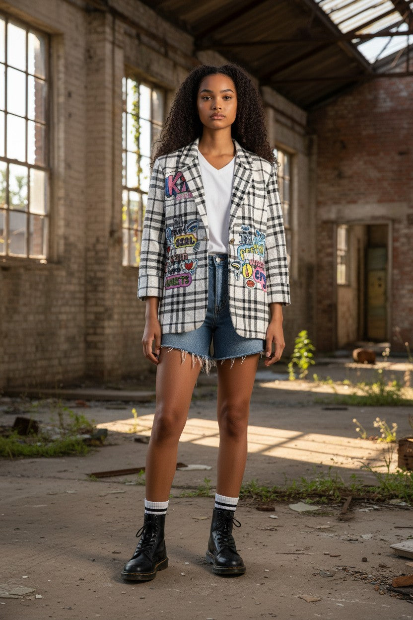 WHITE PLAID GRAPHIC BLAZER