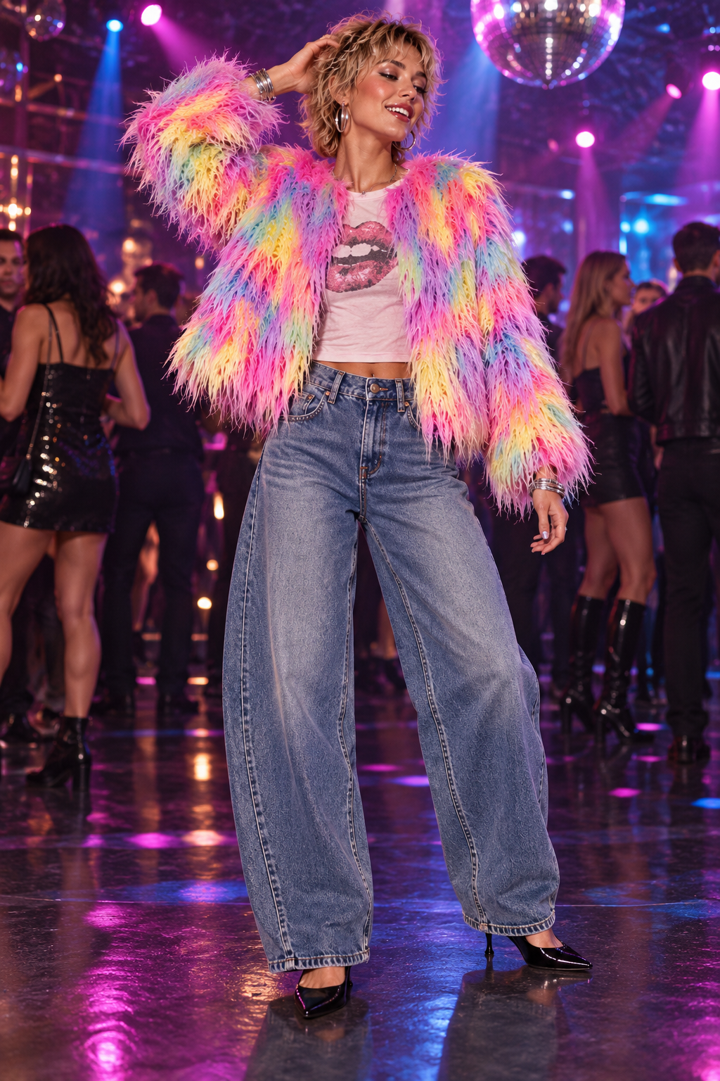 RAINBOW LONG FAUX FUR CROP JACKET