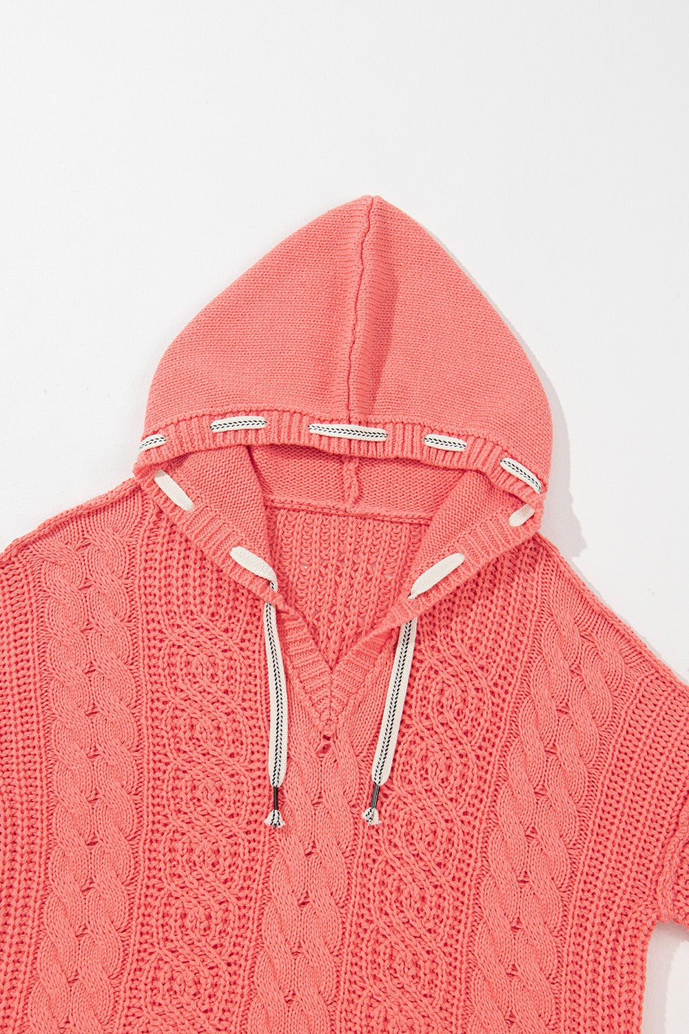 Coral Drawstring Cable-Knit HoodIe