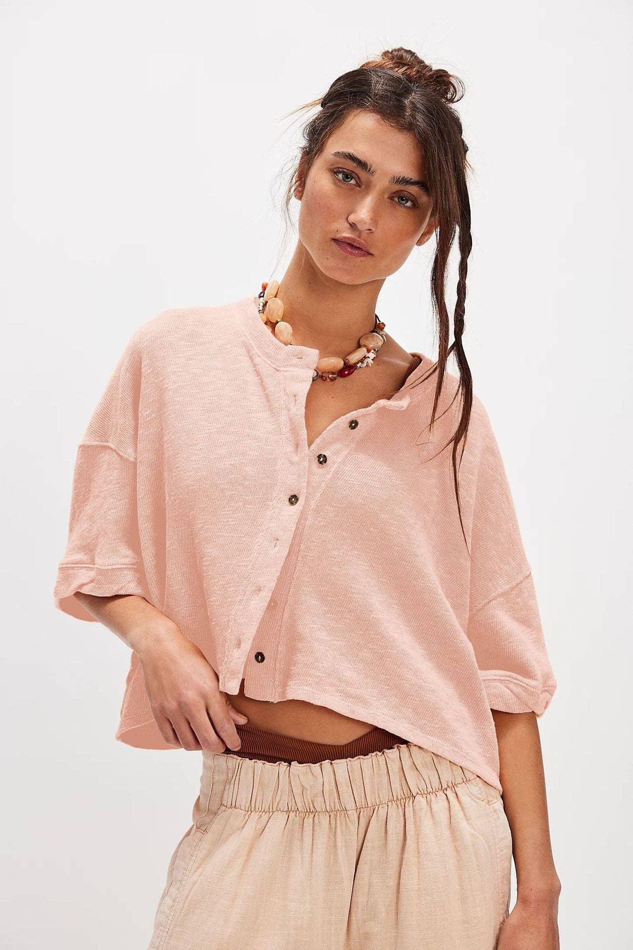 Sweetkama - Ladies Solid Color Midi Sleeves Knitted Cardigan