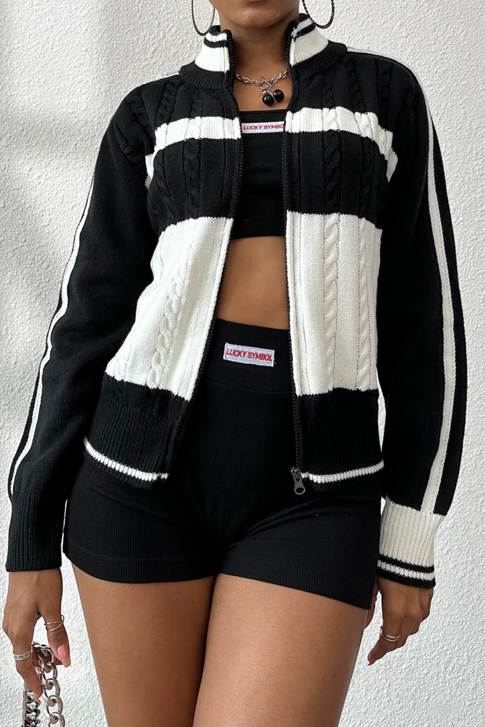 Black White Zip Up Cable-Knit Cardigan