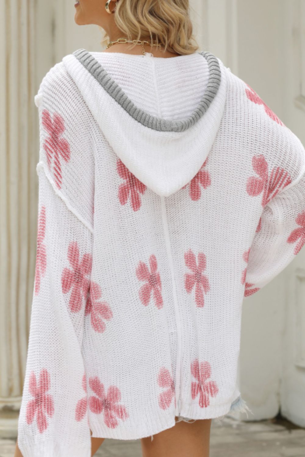 Pink Flower Hoodie Knit Top