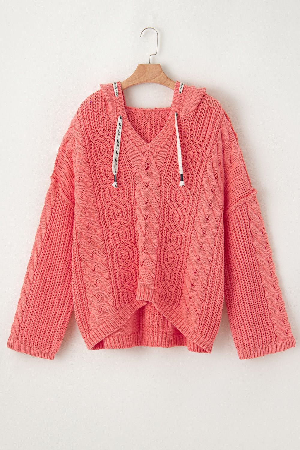 Coral Drawstring Cable-Knit HoodIe