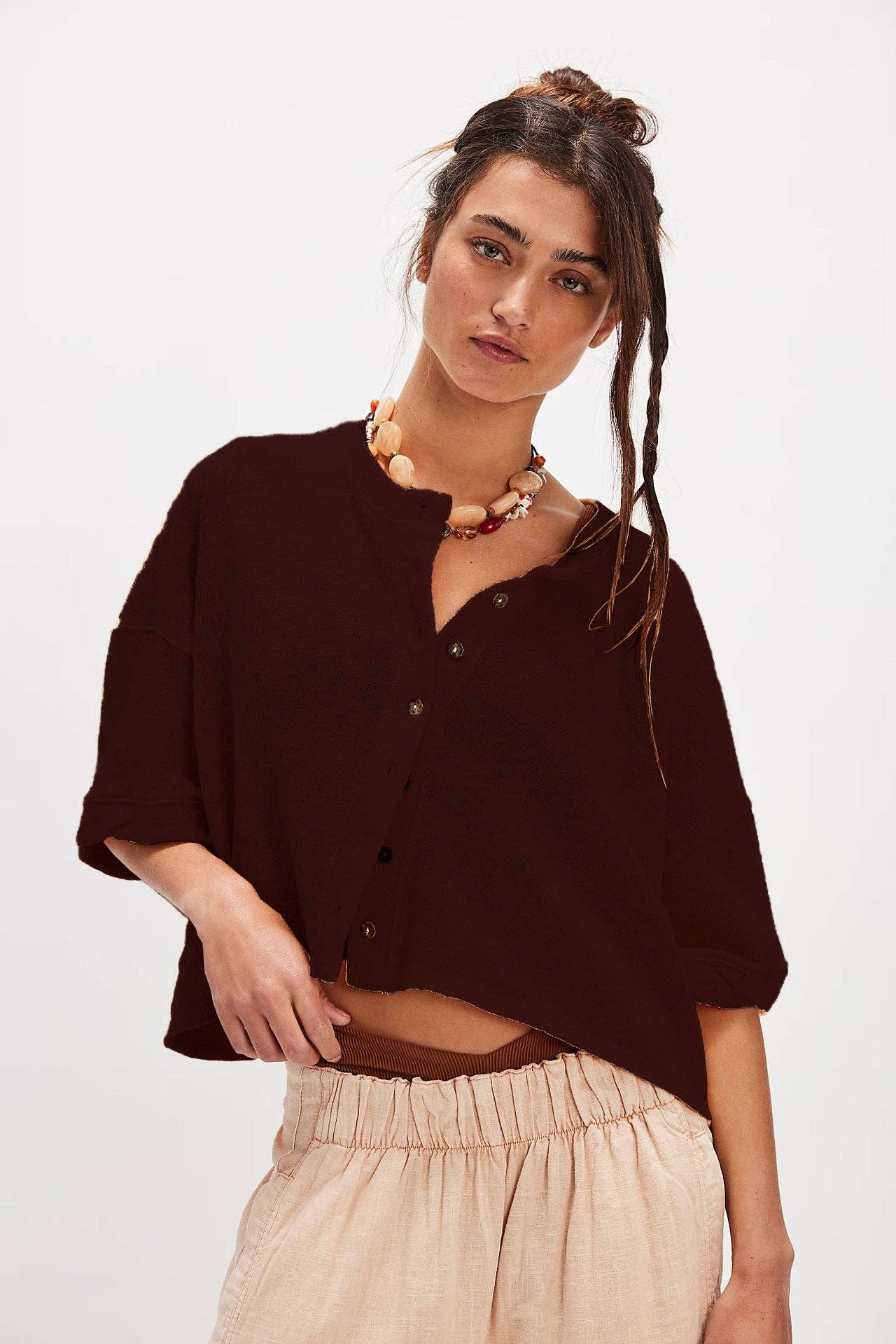 Sweetkama - Ladies Solid Color Midi Sleeves Knitted Cardigan