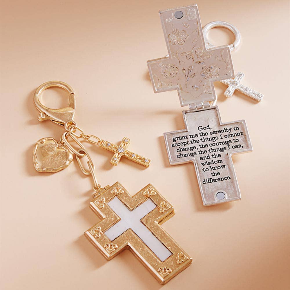 Religious  Cross Engraved Heart Purse Charm Keychain