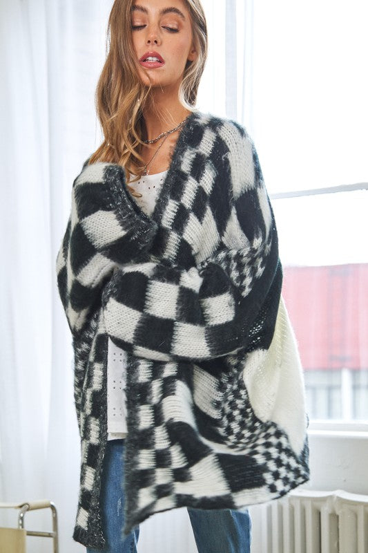 Black and White Checker Long Open Cardigan