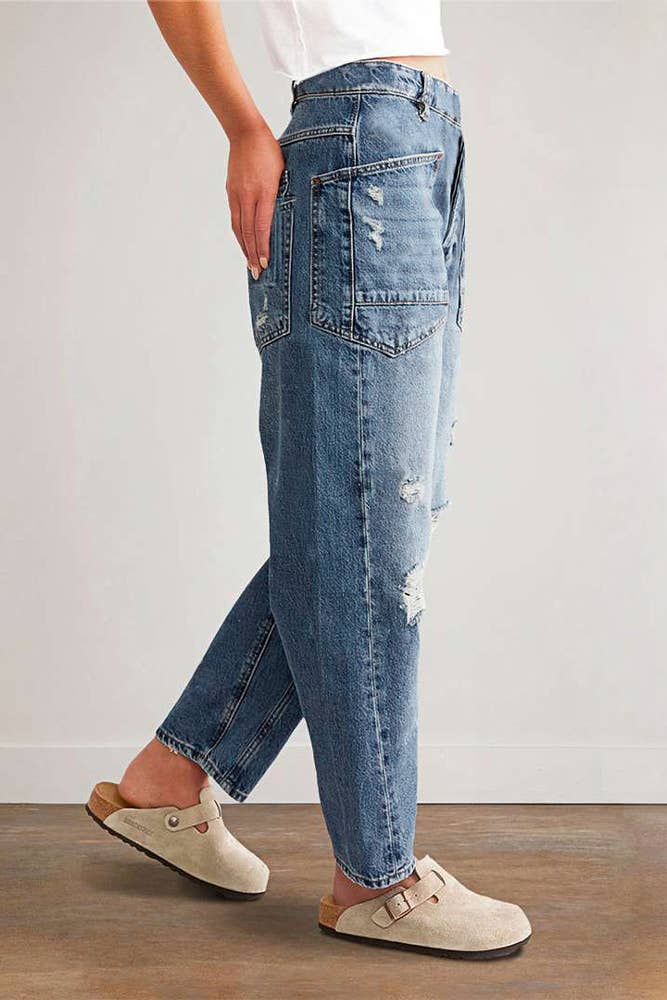 Distressed Large Front Pocket Straight Jeans