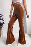 LiveFashionWay - Solid Color High Waist Flare Corduroy Pants: L / Chestnut / 90%Polyester+10%Elastane