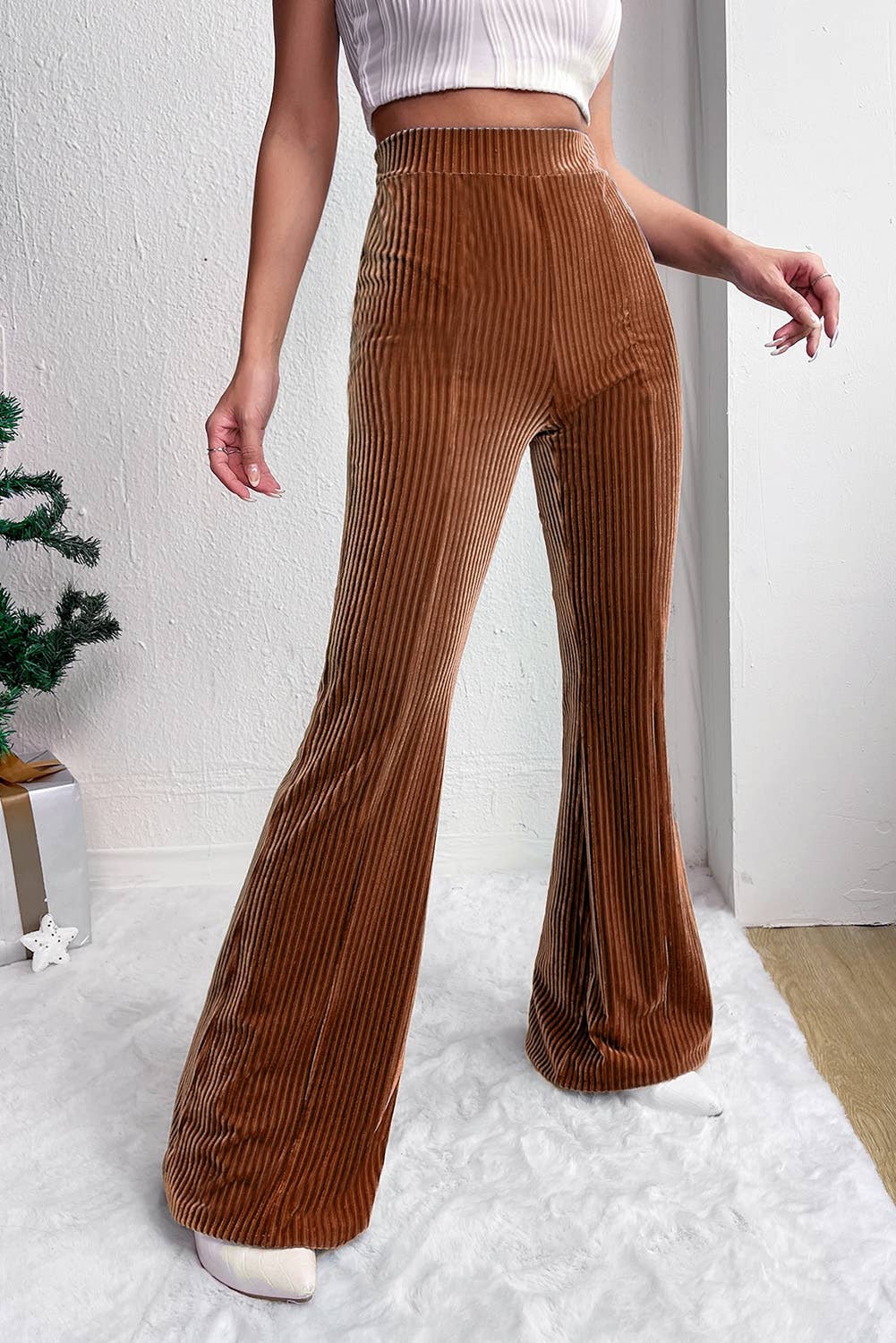 LiveFashionWay - Solid Color High Waist Flare Corduroy Pants: L / Chestnut / 90%Polyester+10%Elastane