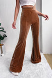 LiveFashionWay - Solid Color High Waist Flare Corduroy Pants: L / Chestnut / 90%Polyester+10%Elastane