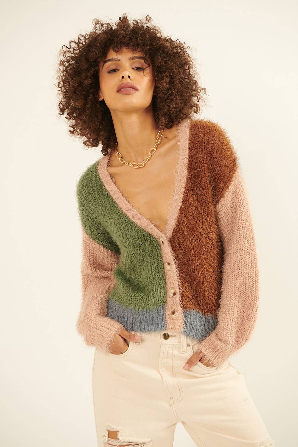 Furry Knit Colorblock V-Neck Cardigan Sweater: L / Grey-Navy