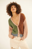 Furry Knit Colorblock V-Neck Cardigan Sweater: L / Grey-Navy